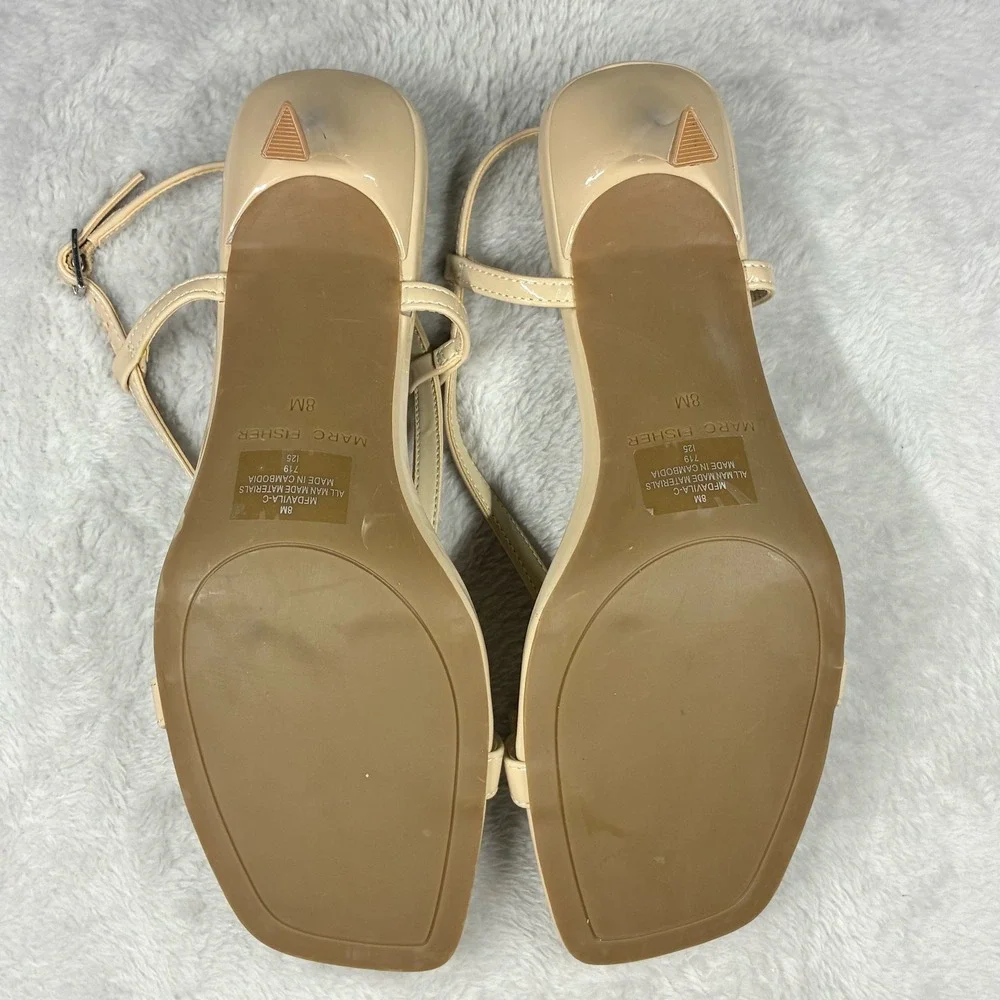 New Marc Fisher Davila Beige Patent Strappy Bow Kitten Heel Sandals Womens 8M